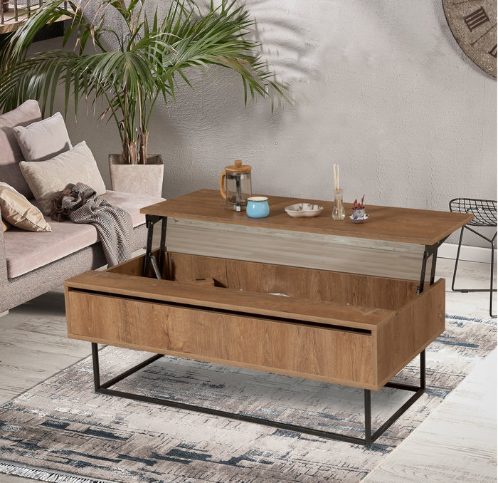 Hanah Home Mesa de Centro Multiusos 2 Niveles Industrial Nogal y Negro Tablero Melaminado Metal 120x60x43 cm